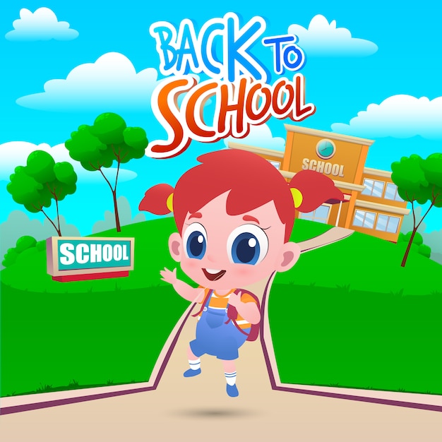 Cartoon little girl go to school. Welcome back to school