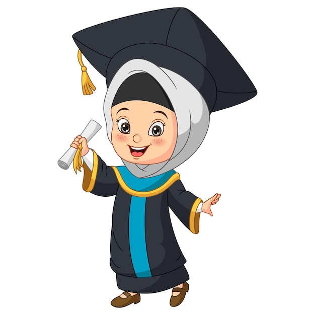 Cartoon little girl in graduation costume holding a diploma