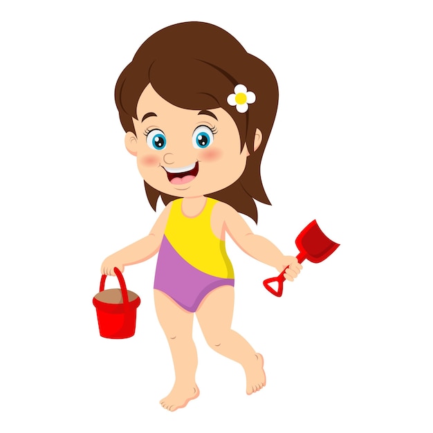 Cartoon little girl holding bucket and scoop