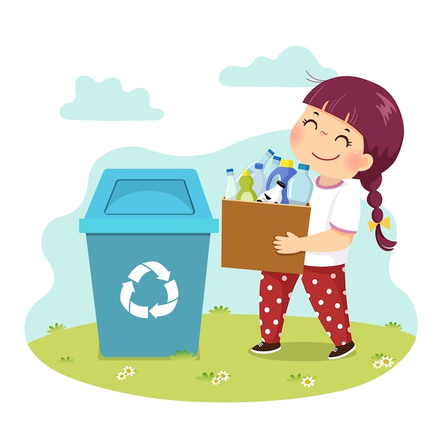  cartoon of a little girl holding a carton with the plastic bottles to the recycle bin. Kids doing housework chores at home concept.