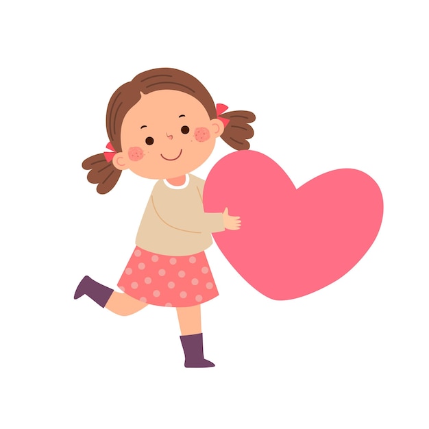 Cartoon little girl holding pink big heart Valentines Day concept