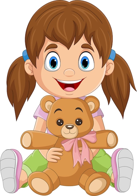 Cartoon little girl holding teddy bear