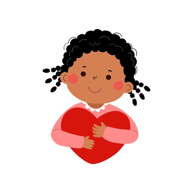 Cartoon little girl hugging heart shaped Valentines Day concept