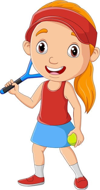 Cartoon little girl playing tennis