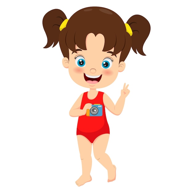 Cartoon little girl in red swimsuit holding camera