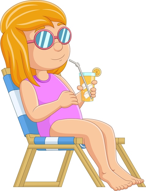 Cartoon little girl relaxing with cocktails on beach chair