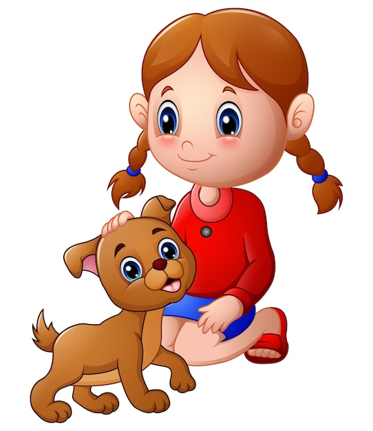 Cartoon little girl stroked the dog's head