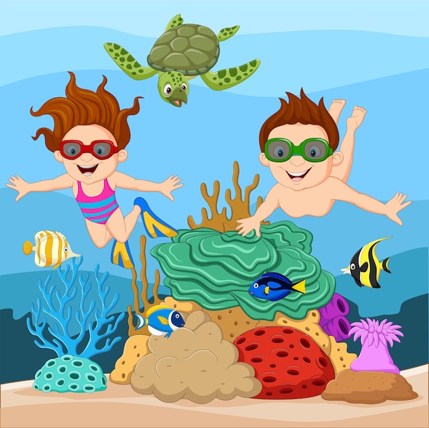 Cartoon little kids diving undersea