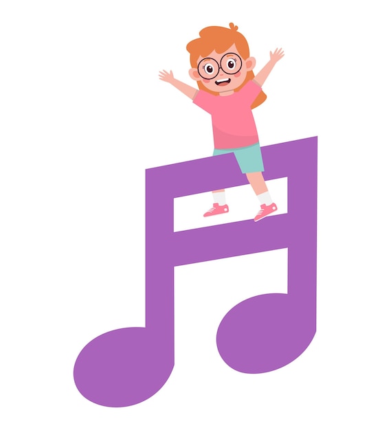 Cartoon little kids girl with music notes