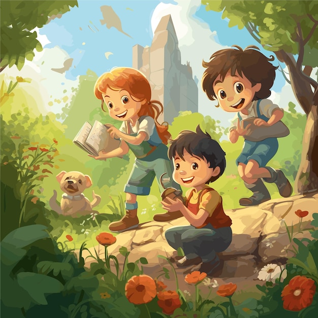 Cartoon little kids playing in the garden background vector illustration