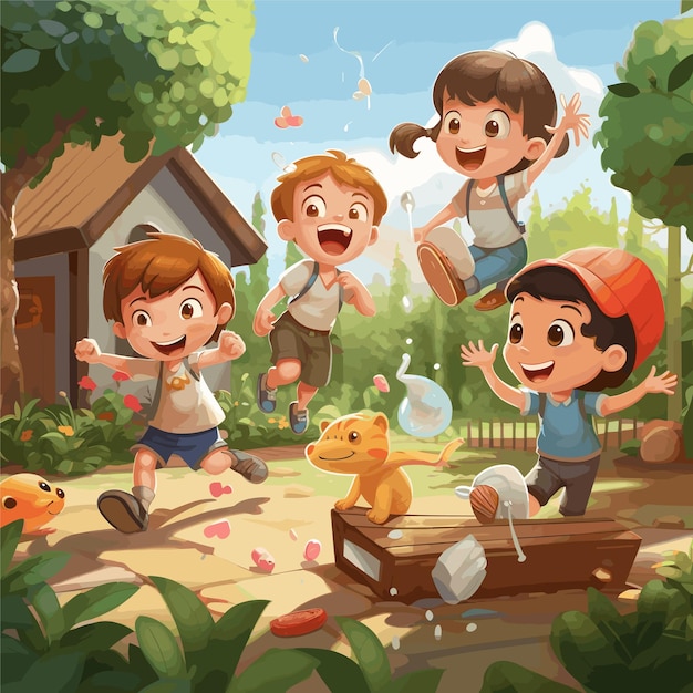 Cartoon little kids playing in the garden background vector illustration