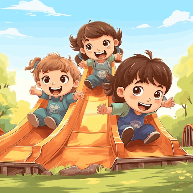 Cartoon little kids playing sliding down in the park background vector illustration