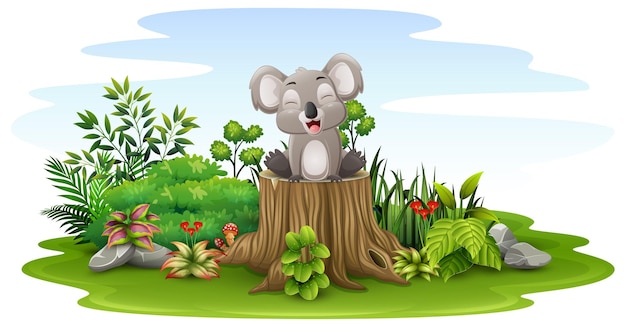 Cartoon little koala sitting on tree stump