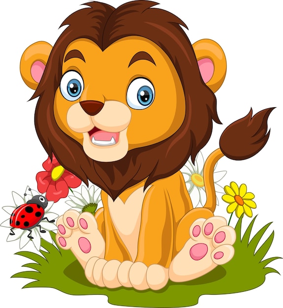 Cartoon little lion sitting in the grass