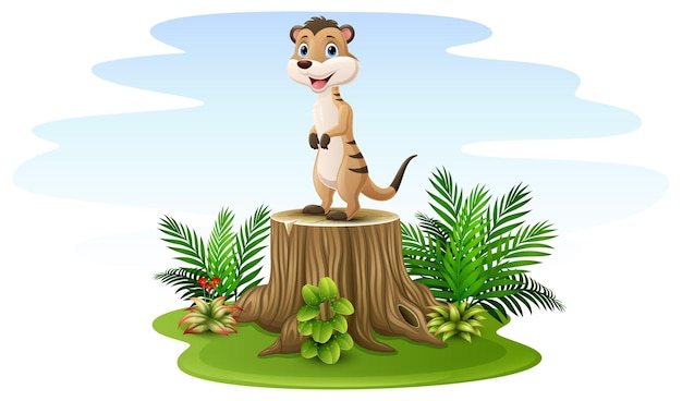 Cartoon little meerkat standing on tree stump