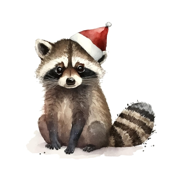 Cartoon little raccoon christmas red hat for banner design Funny vector illustration Vector collection Isolated vector illustration New year red hat Happy new year