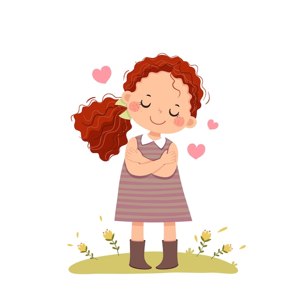  cartoon of little red curly hair girl hugging herself. Love yourself concept.