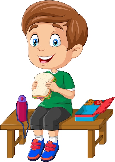 Cartoon little school boy eating bread