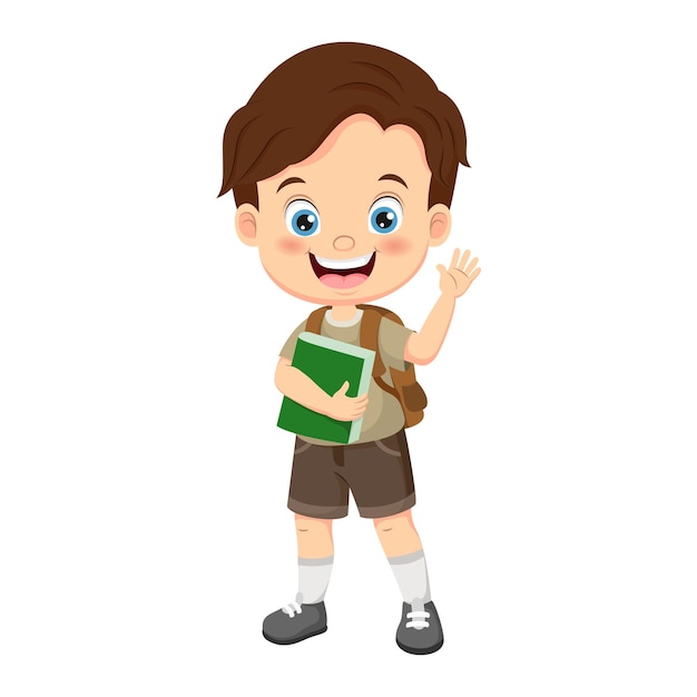 Cartoon little school boy waving hand