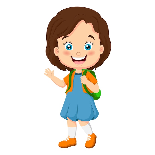 Cartoon little school girl waving hand