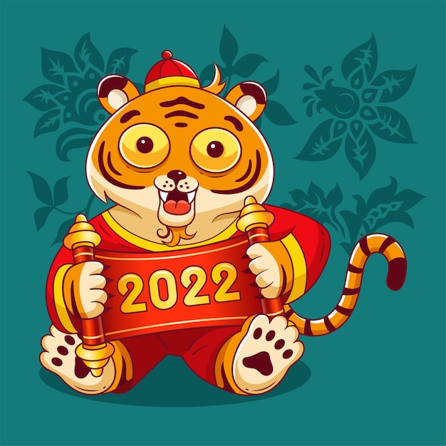 Cartoon little tiger in chinese traditional costume hold scroll 2022. Chinese New Year. Vector