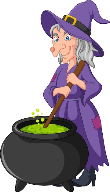 Cartoon little witch preparing potion