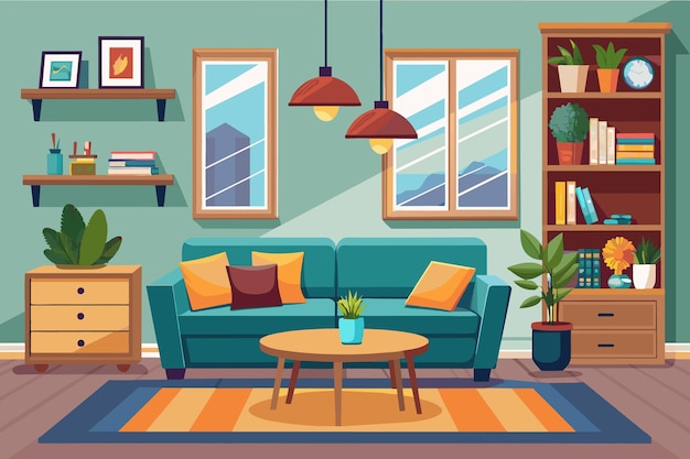 Cartoon living room illustration with teal sofa coffee table bookcase cityscape views and orange striped rug