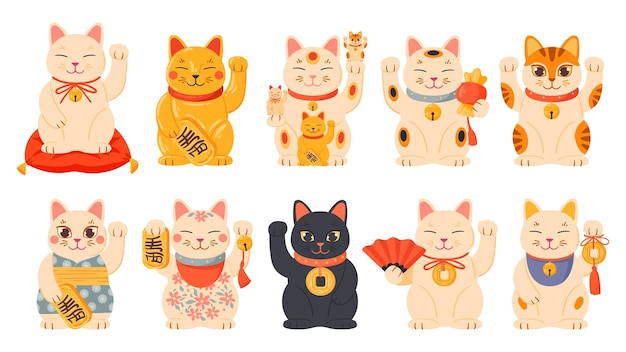 Cartoon lucky cats Japanese Maneki neko oriental funny cats vector symbols illustrations set