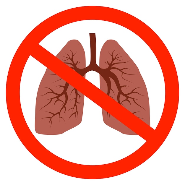 Cartoon lungs with bronchi in red prohibitory sign isolated on white Icon or design element