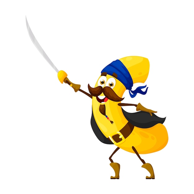 Cartoon macaroni italian pasta pirate character Italian cuisine meal privateer funny personage tasty noodle filibuster or macaroni pasta corsair pirate isolated vector comical mascot with saber