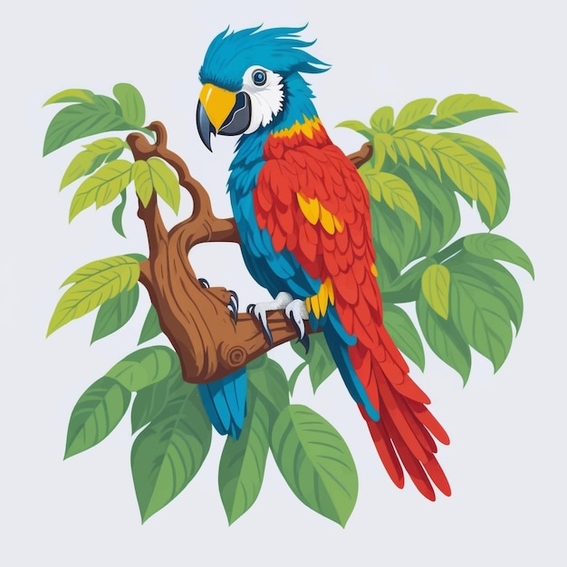 cartoon macaw on tree branch vector illustration white background