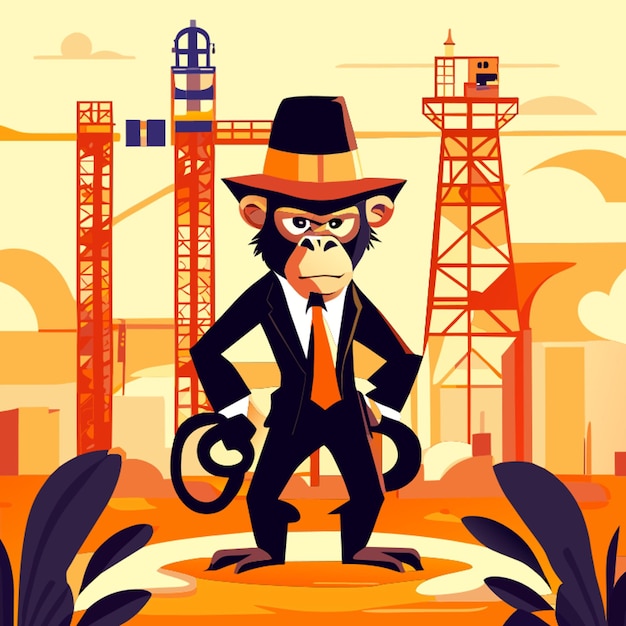 Vector cartoon madagascar monkey in a business suit extracts oil next to an oil rig with a tall flattop