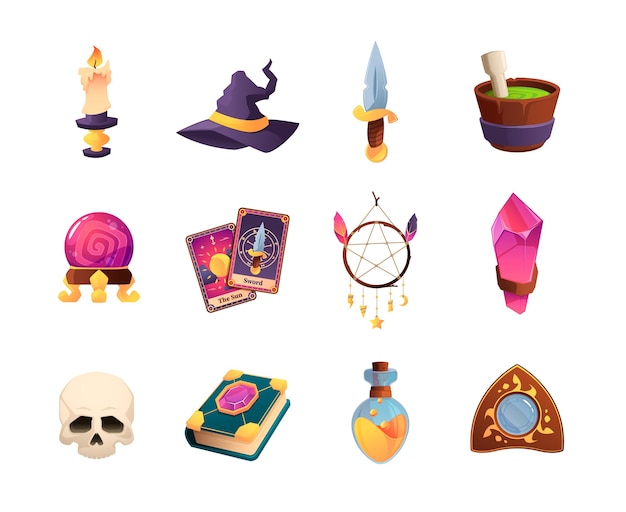 Cartoon magic items Witchcraft alchemy mystery elements witch crystal potion bottle cauldron amulet wizard elixir wand flat style Vector colorful set