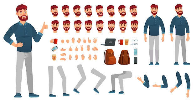 Cartoon male character kit. Man in casual clothing, different hands, legs poses and facial emotion. Characters constructor, hipster or creative businessman guy poses. Isolated vector icons set