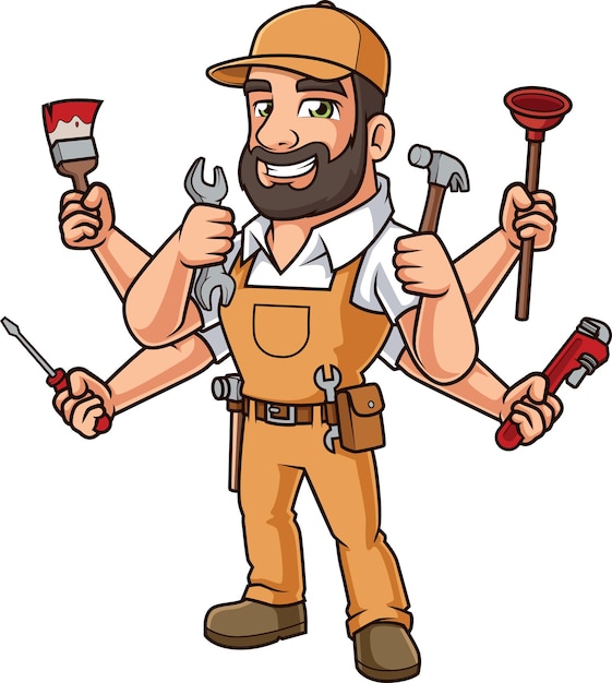 Vector cartoon male handyman holding various tools looking happy