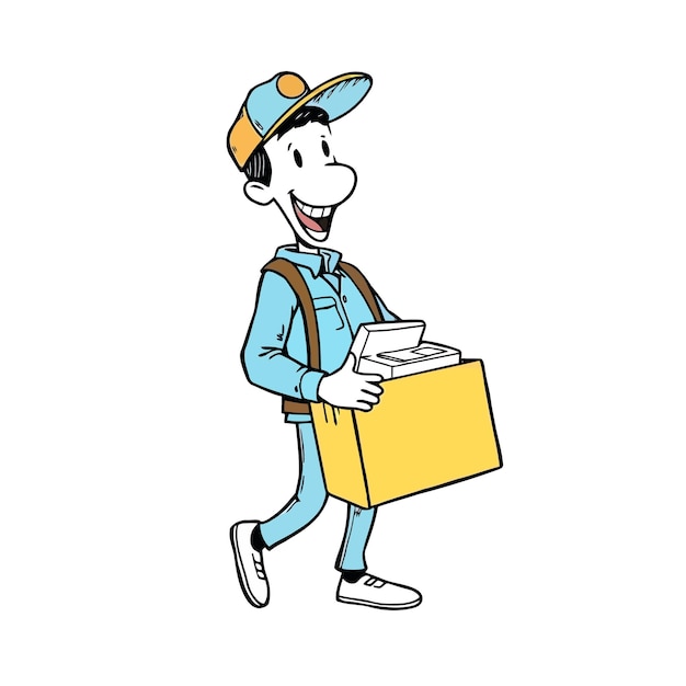 a cartoon man carrying a box of coffee and a hat