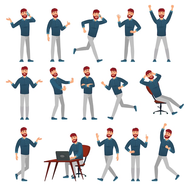 Vector cartoon man in casual outfit. male character in different poses, walking guy and standing man vector illustration set