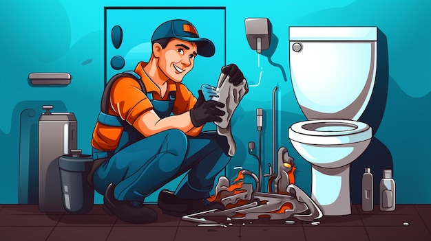 Vector a cartoon of a man cleaning a toilet with a brush in the corner