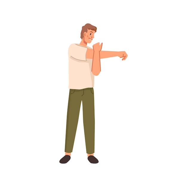 Cartoon man doing sport exercises stretching arm