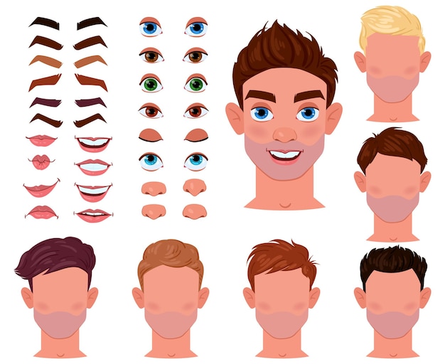 Cartoon man face constructor, male character creator. Male face generator with eyes, brows, lips and noses vector illustration set. Young guy avatar creation elements