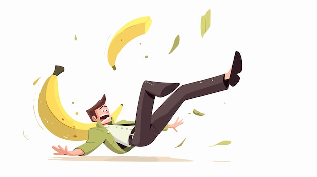 Vector a cartoon of a man falling down with a banana on his back