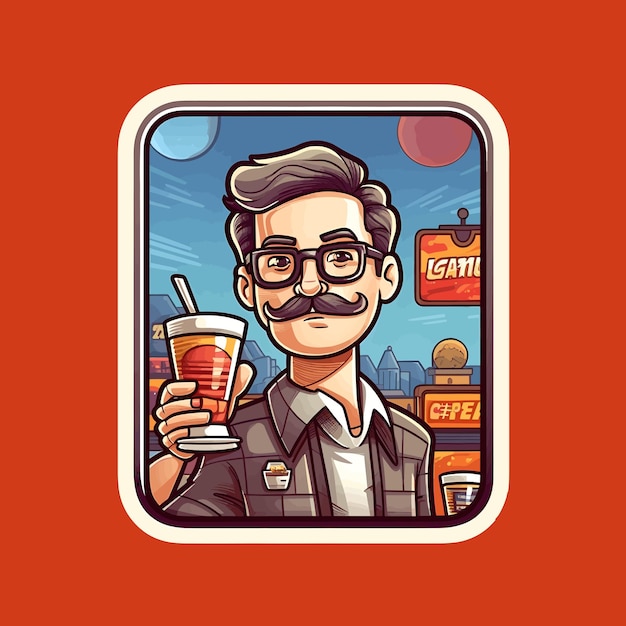 A cartoon of a man holding a drink in seattle.