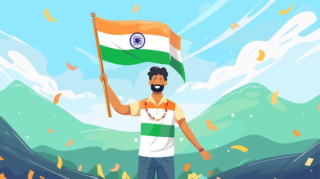 a cartoon of a man holding a flag with the words  india  on it