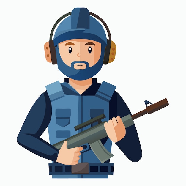 Vector a cartoon of a man holding a gun and wearing a blue uniform