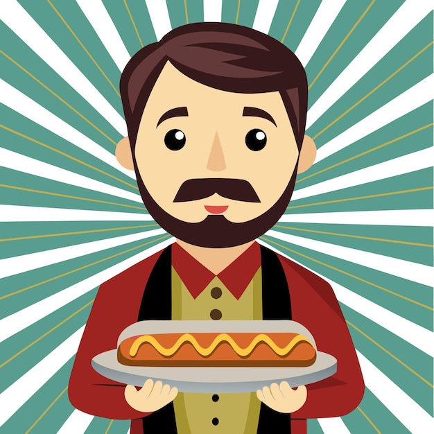 Cartoon man holding a hotdog on a plate with mustard