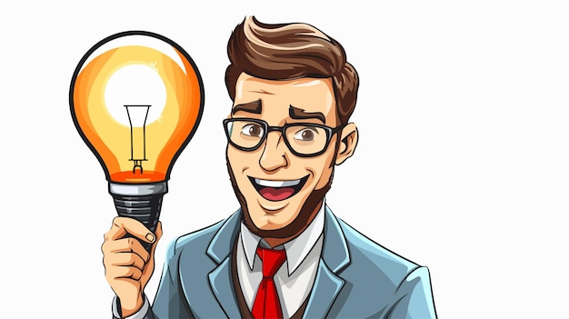 Vector a cartoon of a man holding a light bulb with a man in glasses holding a light bulb