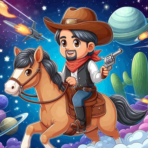 Vector a cartoon of a man on a horse with a gun pointing at the stars