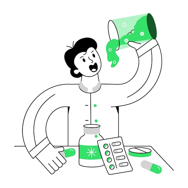 Vector a cartoon man is holding a bottle of liquid with a green object in it