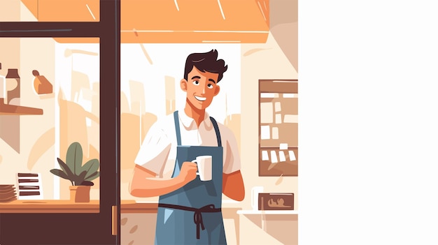 Vector a cartoon of a man in a kitchen with a coffee cup