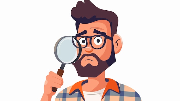 Vector cartoon man looking through a magnifying glass